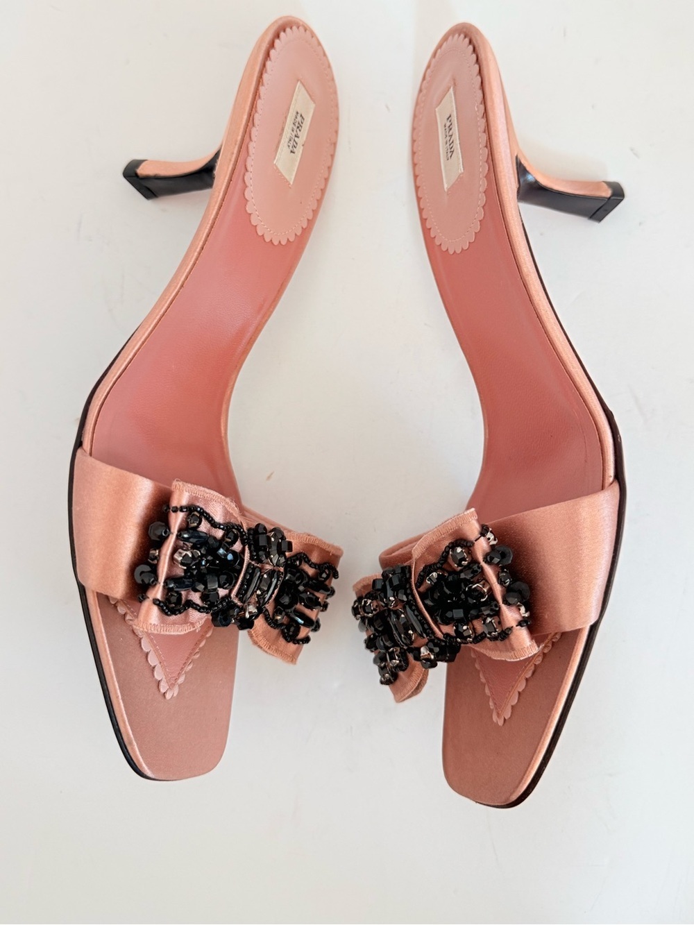 Prada Archive Pink Satin Crystal beaded Embellished bow Mule Heels EU 38 - Picture 4 of 11